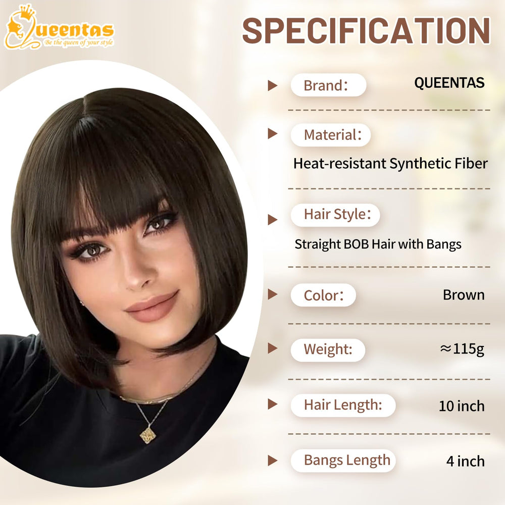 QUEENTAS brown bob wig shoulder-length straight hair suitable for versatile styling.