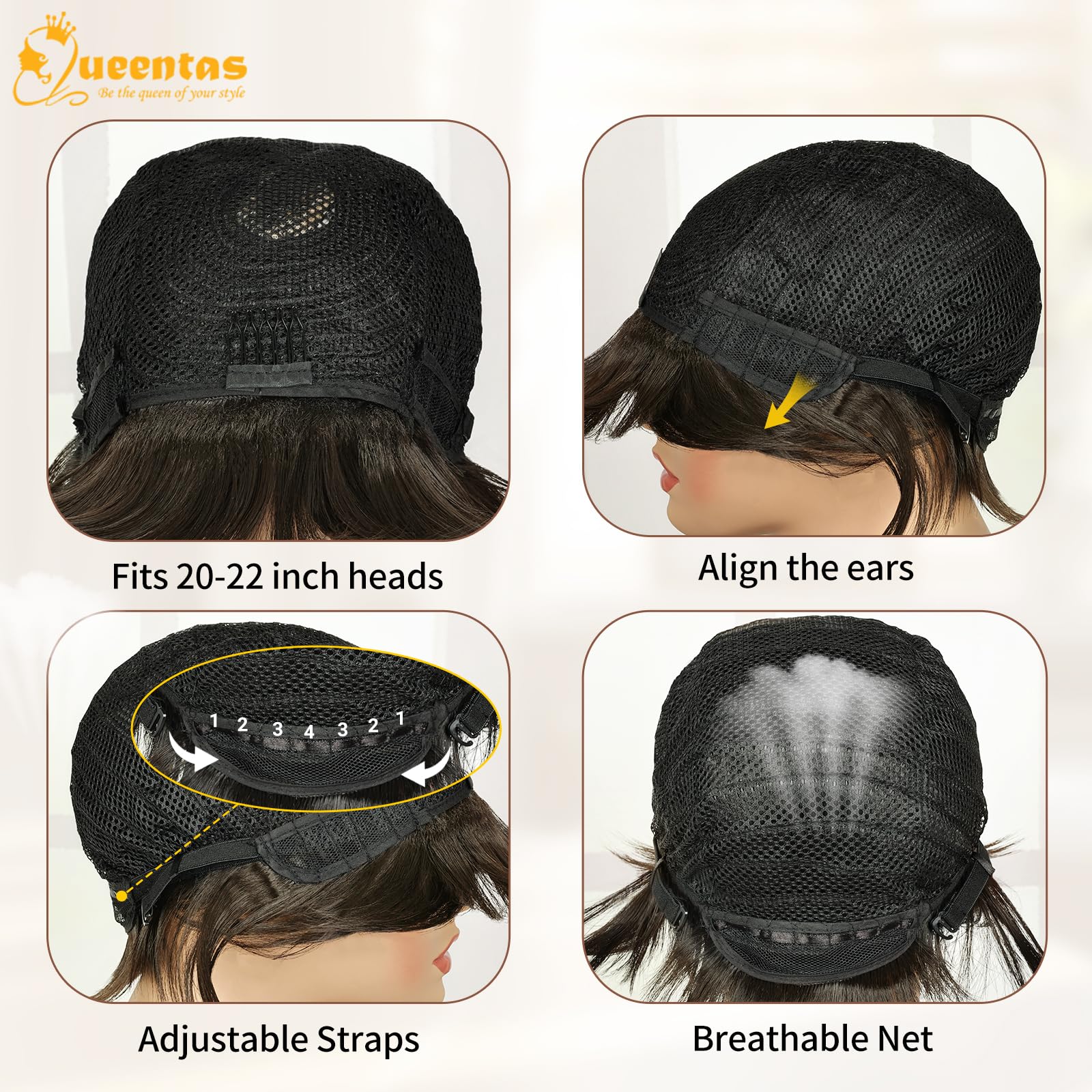 QUEENTAS brown wig glueless cap inside for easy wear and comfort.