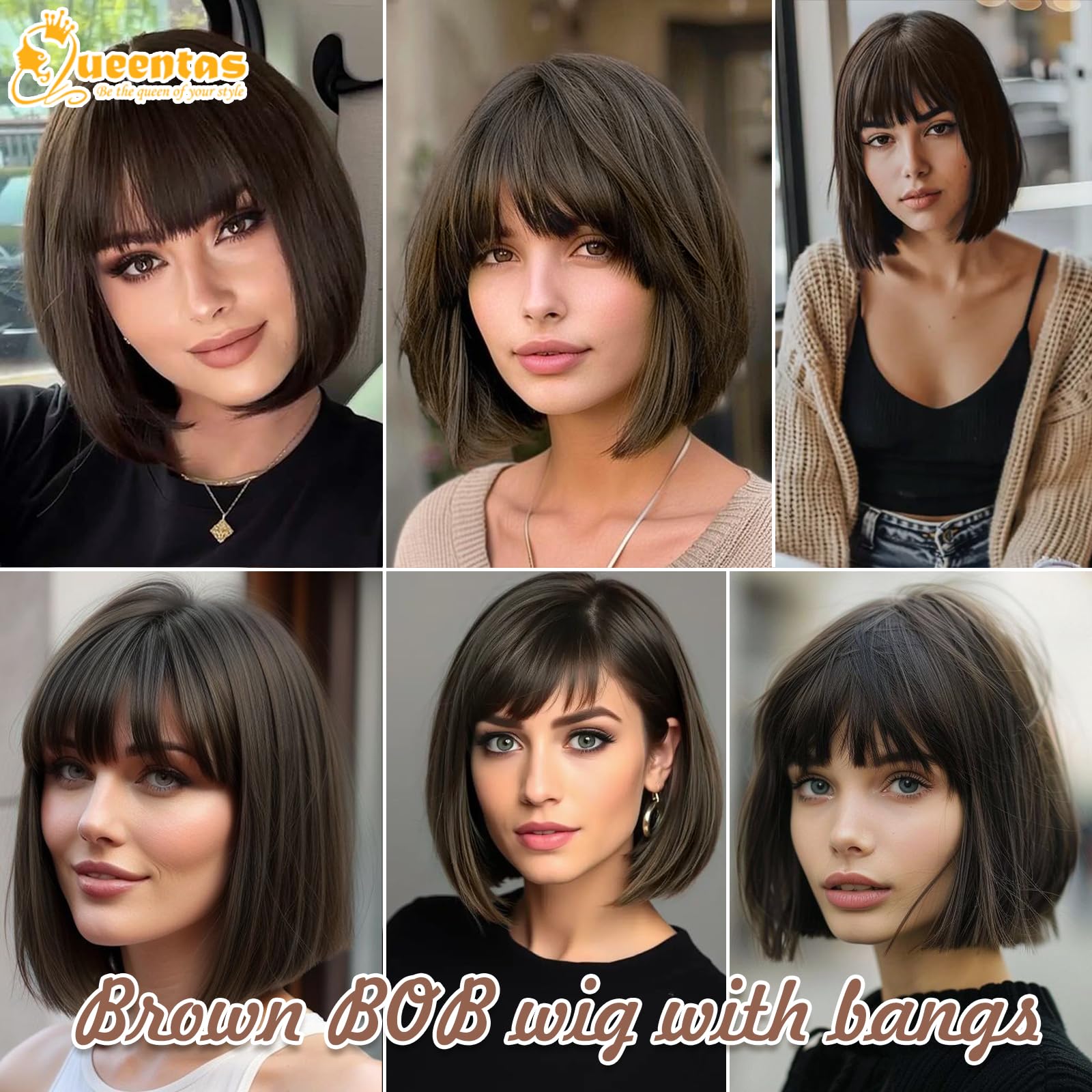 QUEENTAS model wears dark brown bob wig with natural appearance.