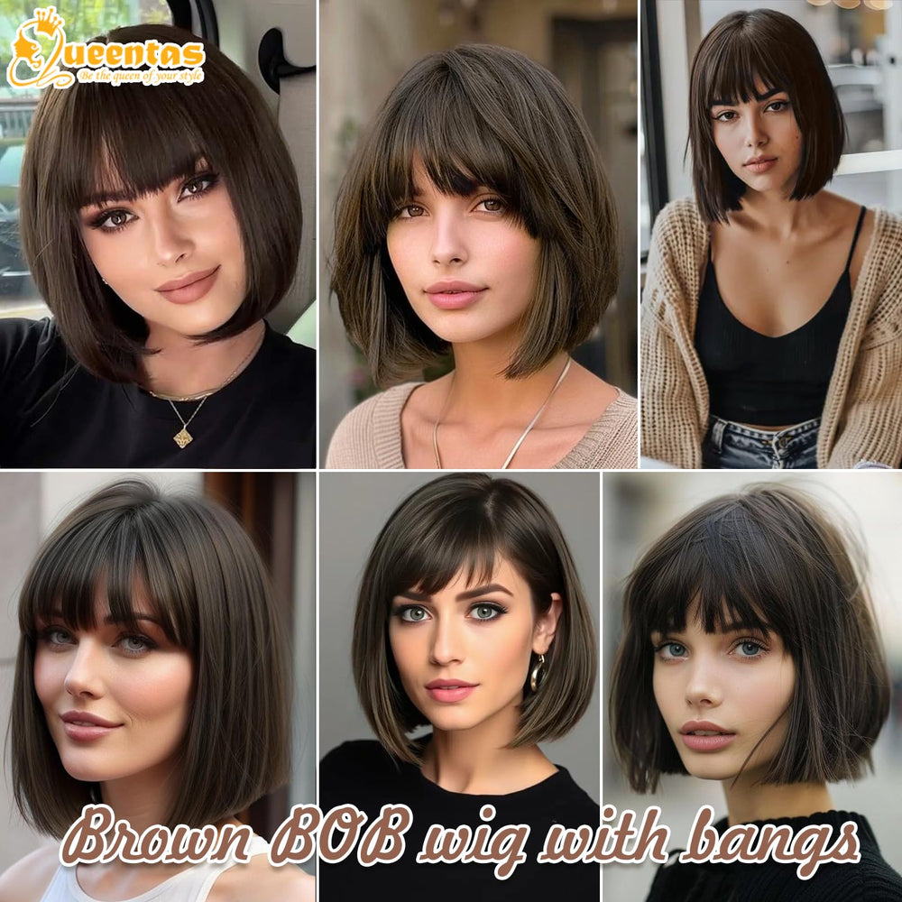 QUEENTAS model wears dark brown bob wig with natural appearance.