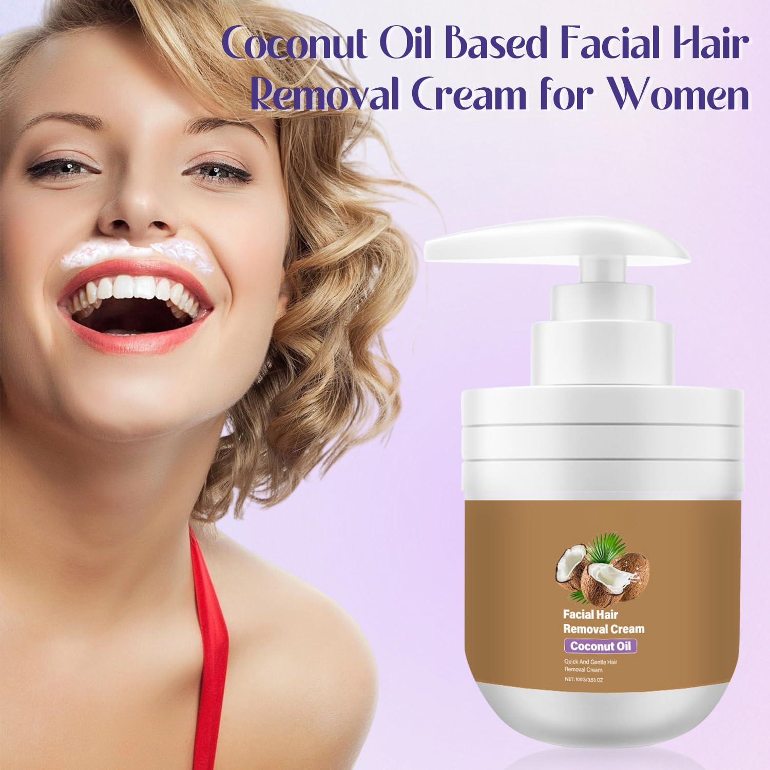 QentAnud coconut oil facial hair removal cream packaging highlights easy home use.