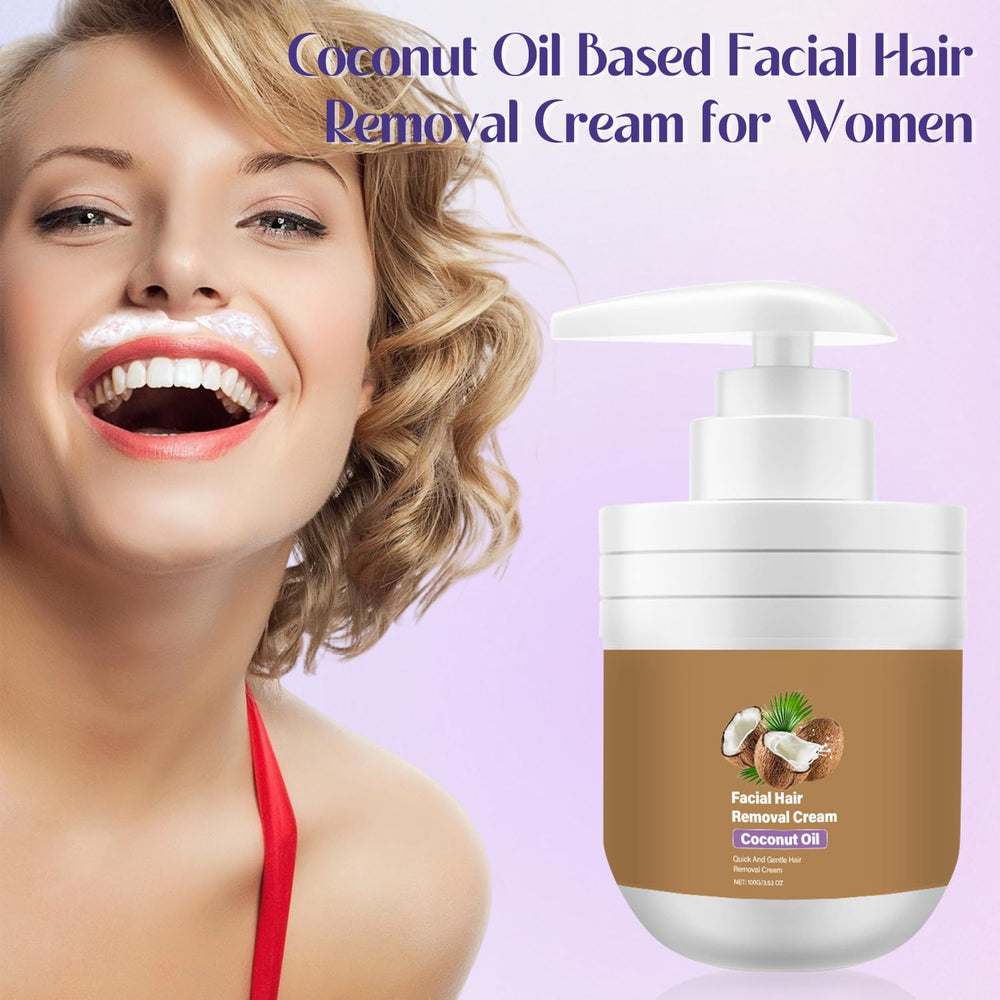 QentAnud coconut oil facial hair removal cream packaging highlights easy home use.