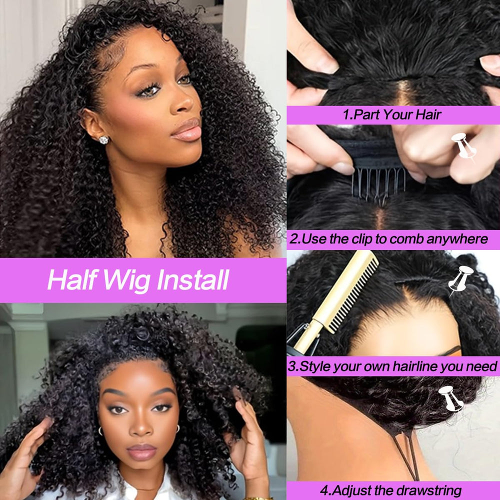 Querary half wig with glueless design offers seamless scalp feel.
