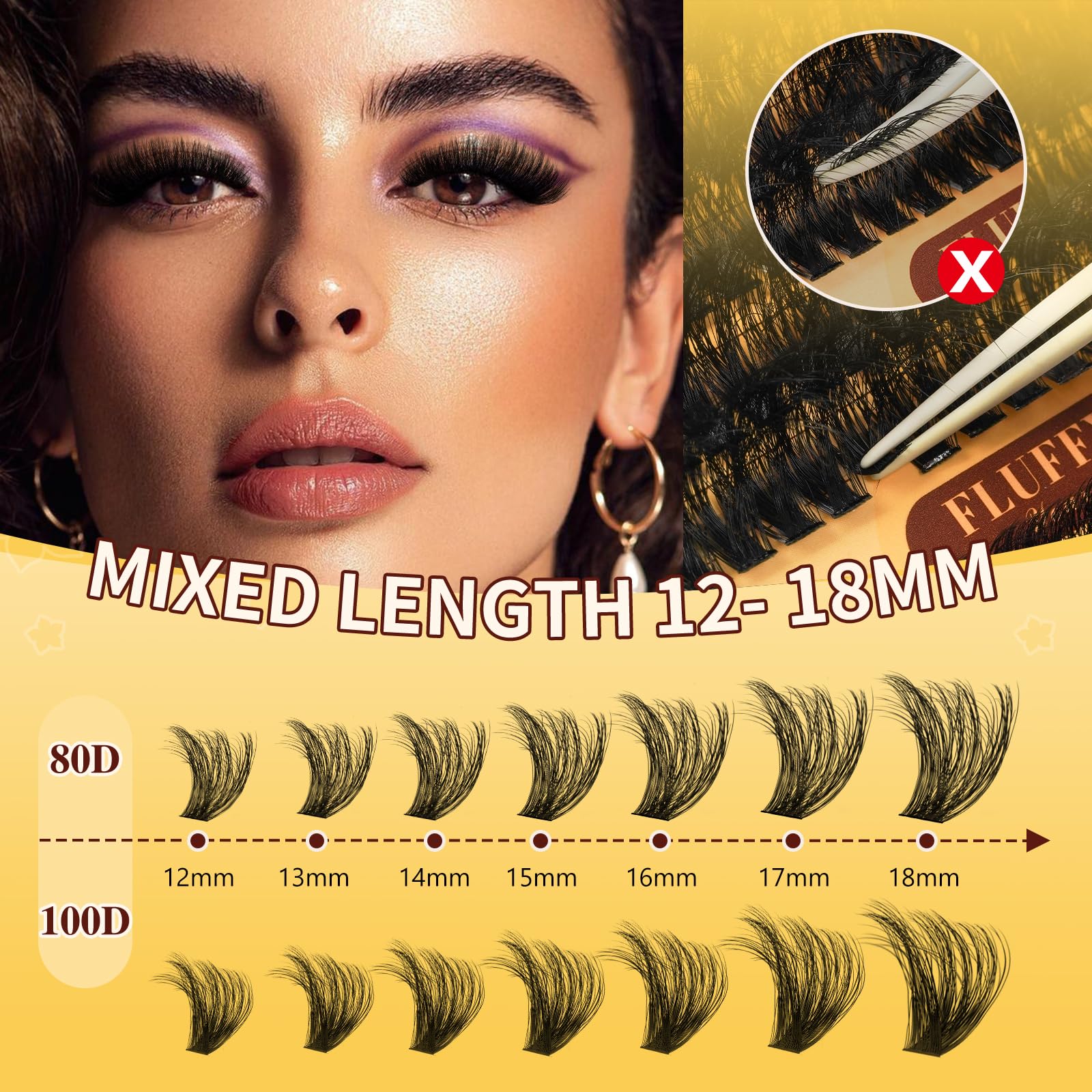 QUEWEL 80D+100D lash clusters in 12-18mm length for volume.