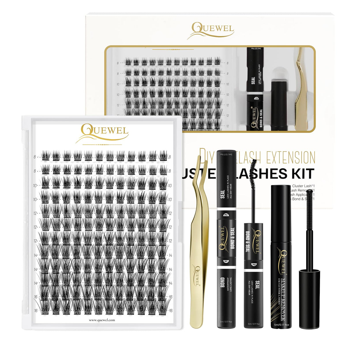 QUEWEL DIY eyelash extensions kit 144pcs, easy at-home lash application for salon-like results.