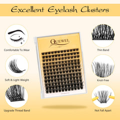 QUEWEL lash-cluster-bond-seal highlights waterproof, long-lasting seal.