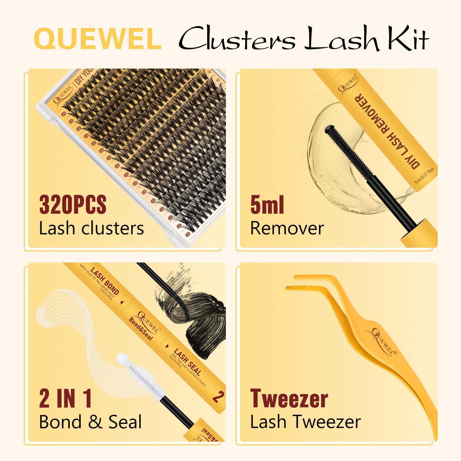 QUEWEL lash clusters beginner-friendly kit supports at-home DIY practice.