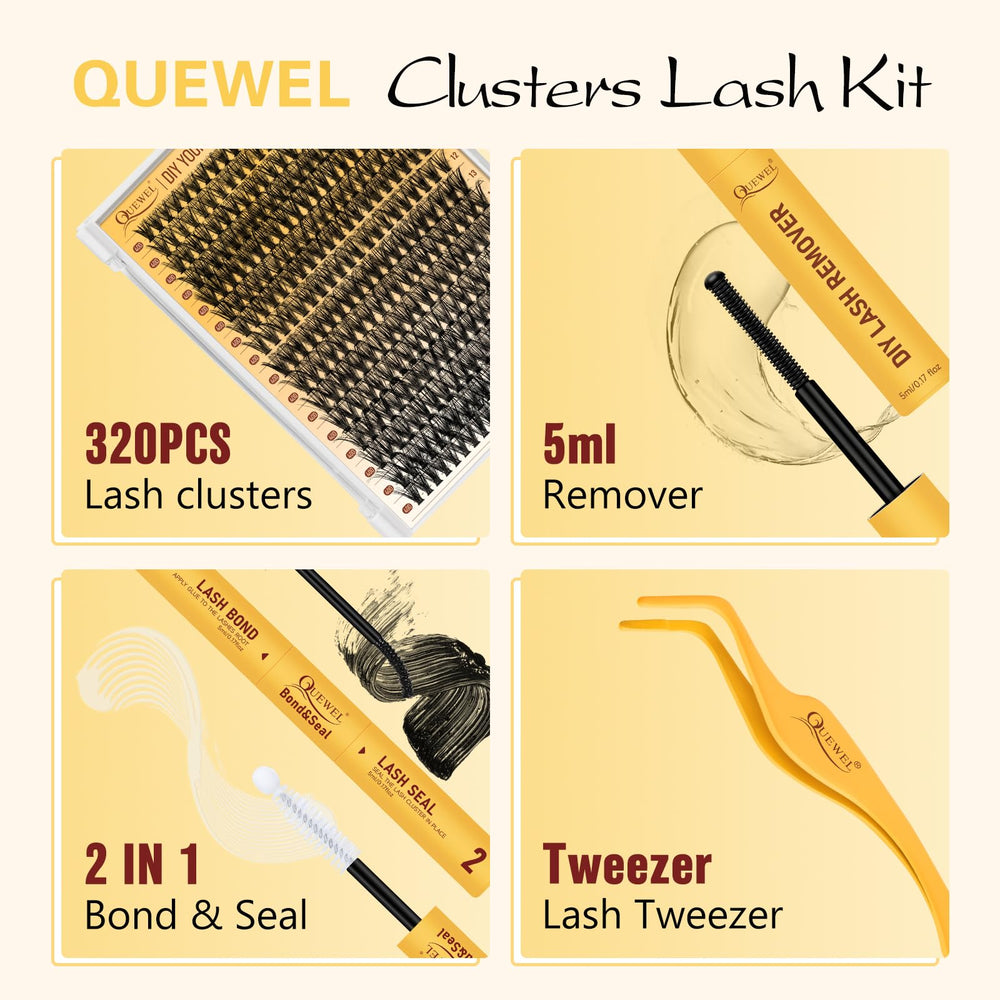 QUEWEL lash clusters beginner-friendly kit supports at-home DIY practice.