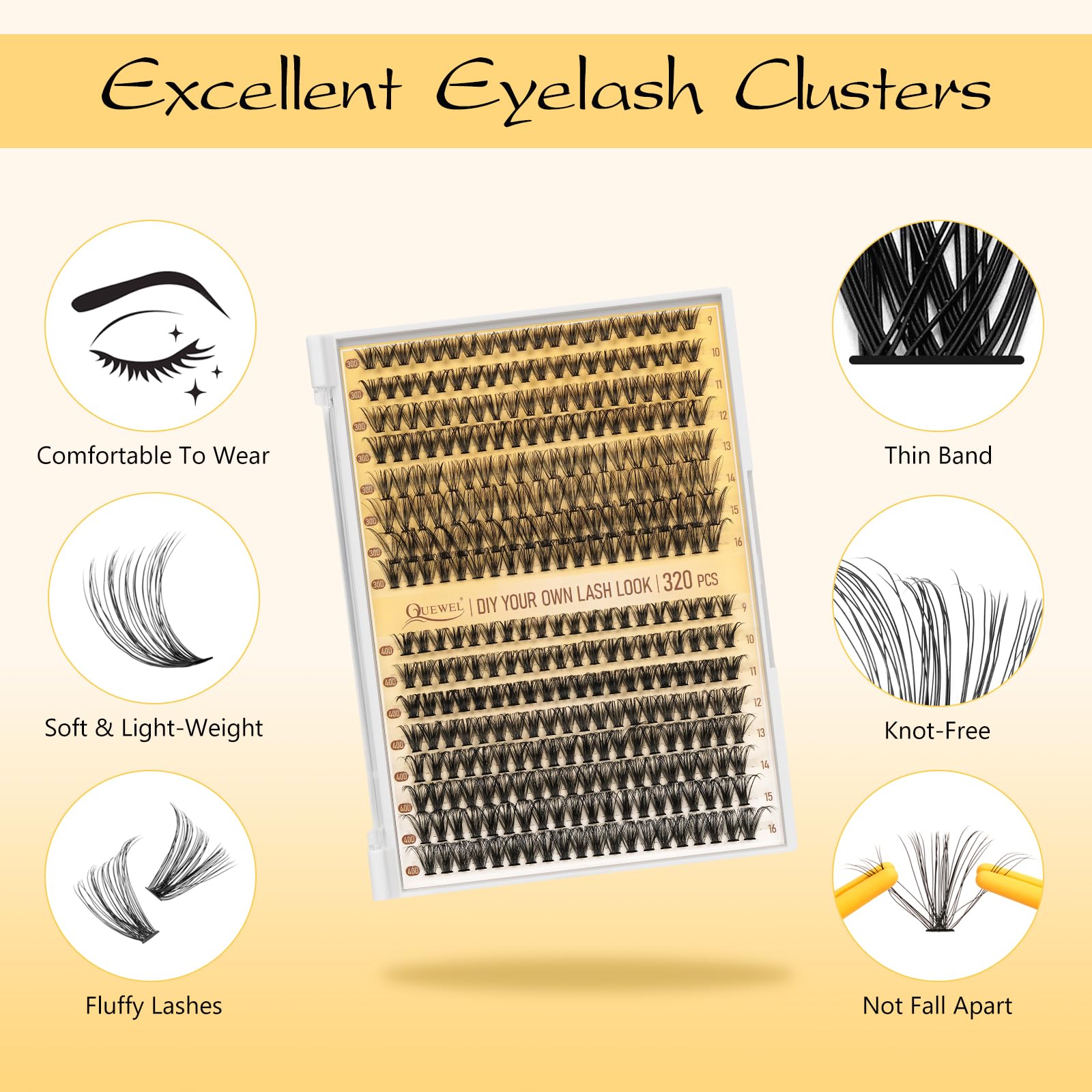 QUEWEL lash clusters 30D-40D close-up offering natural wispy volume option.