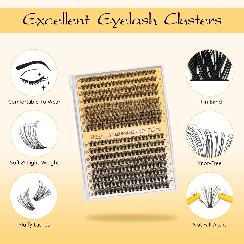QUEWEL lash clusters 30D-40D close-up offering natural wispy volume option.
