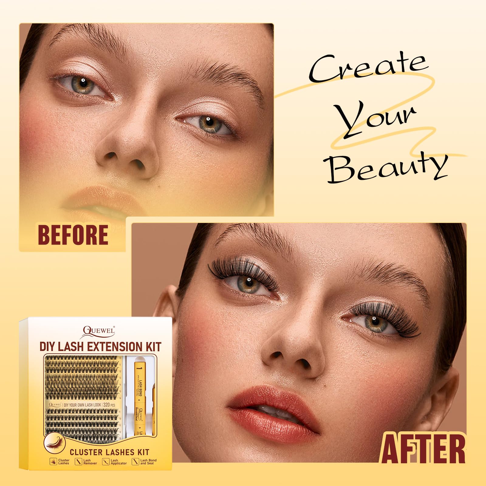 QUEWEL lash clusters kit at-home DIY empowers casual eye enhancement.