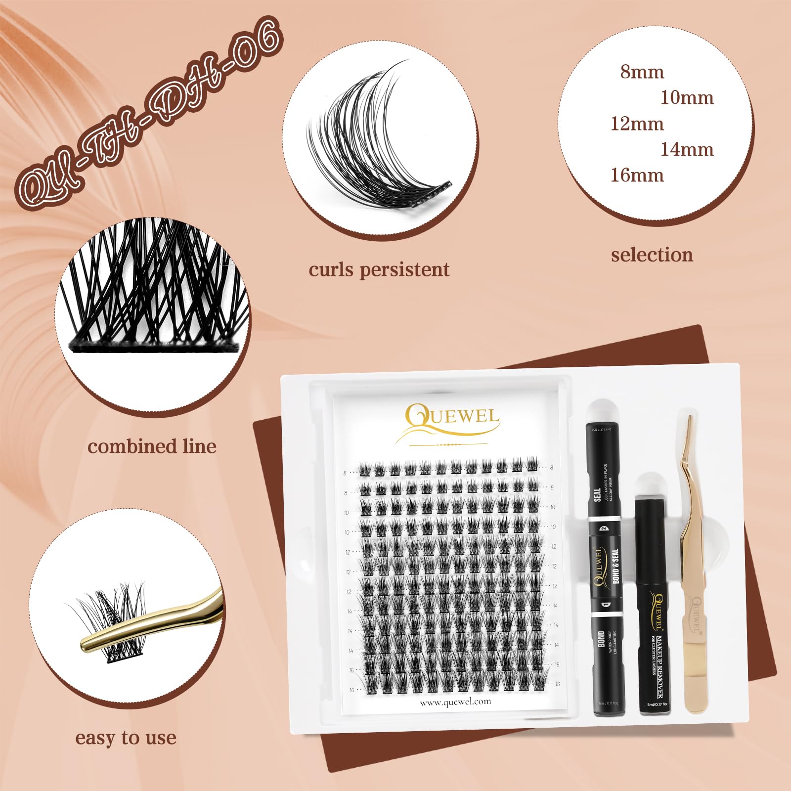 QUEWEL premium lash cluster tweezers provide precise grip for easy placement.