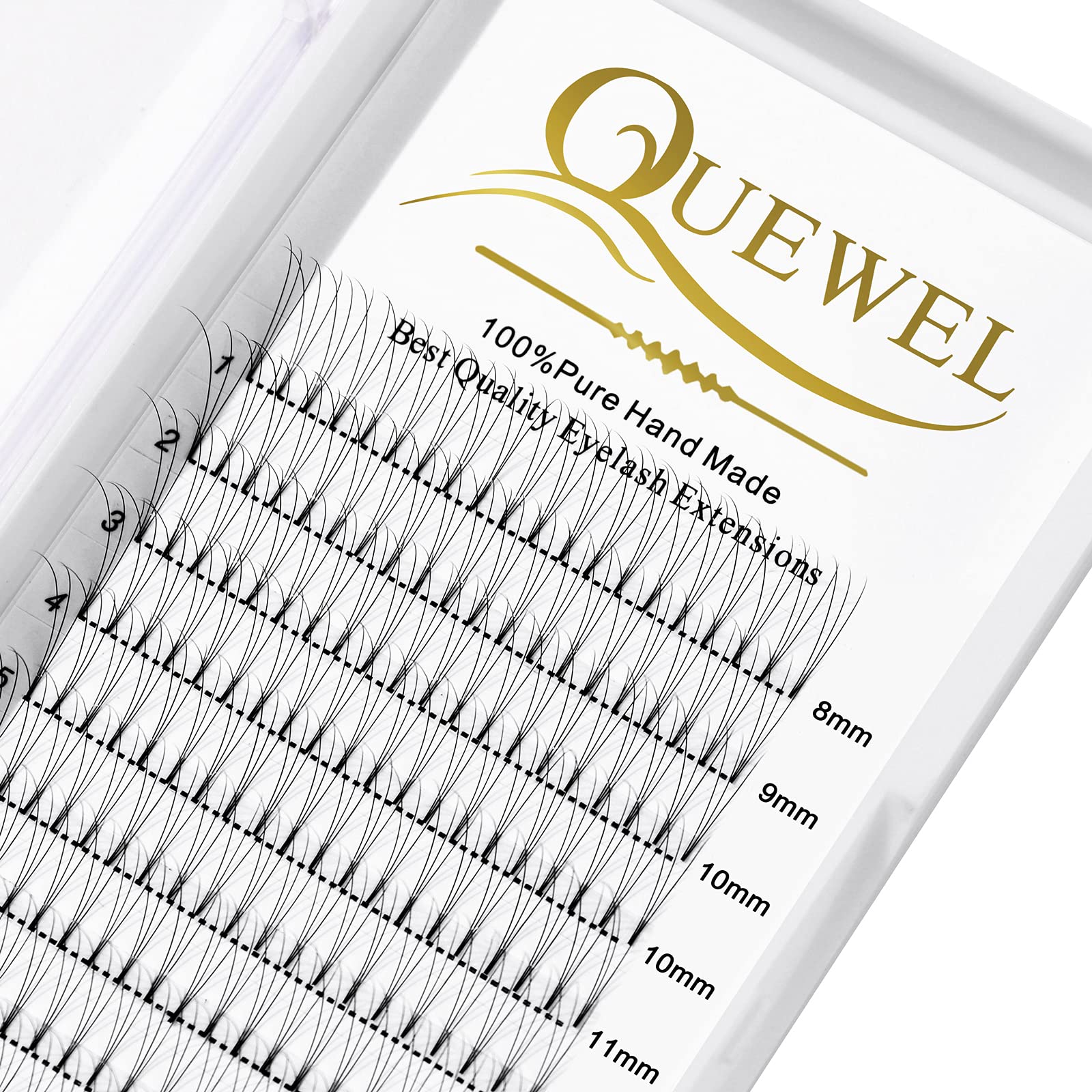QUEWEL premade fans on tray for fast professional lash applications