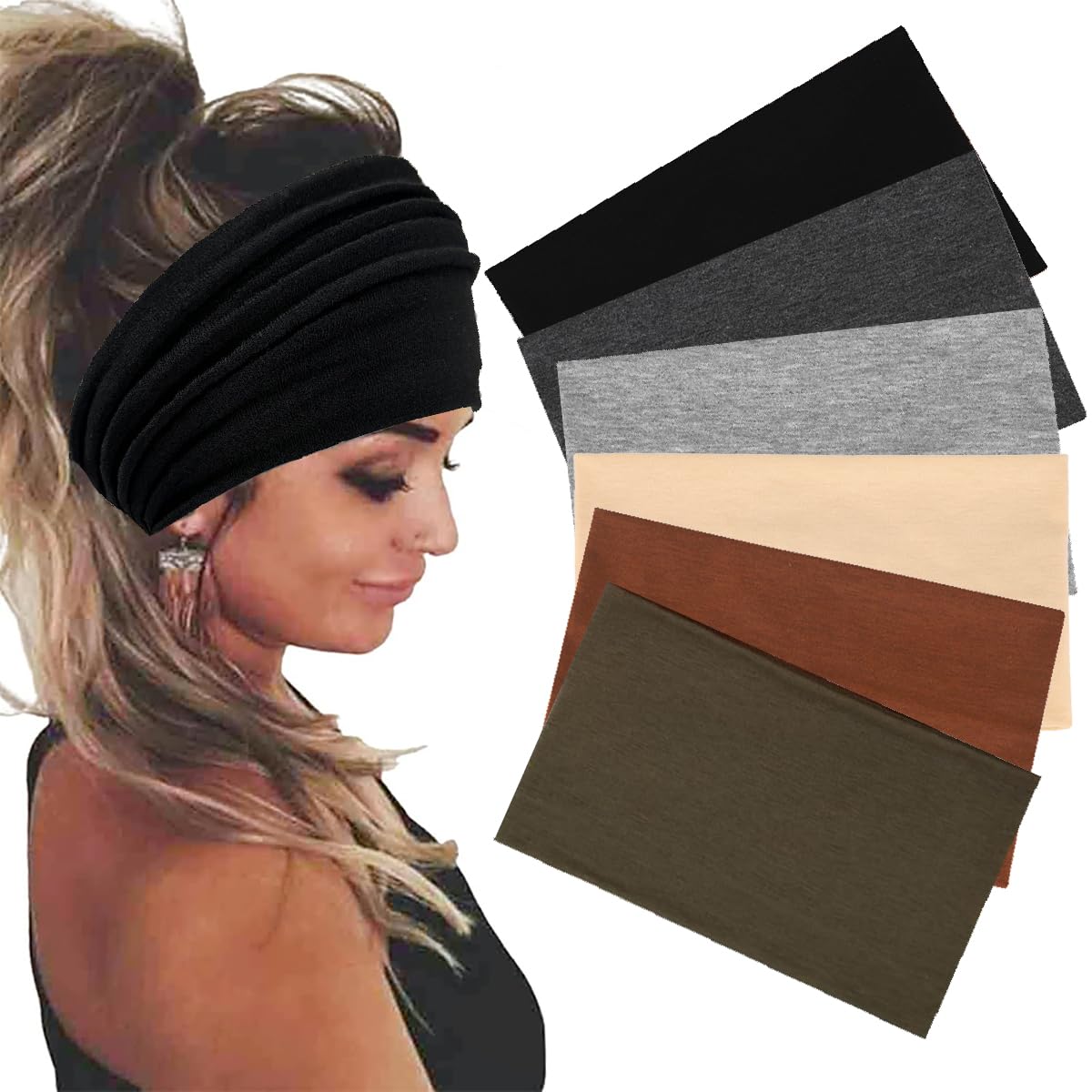 QUEXIUYIN 6-pack extra wide headbands, black color, secure during workouts and outdoor activities