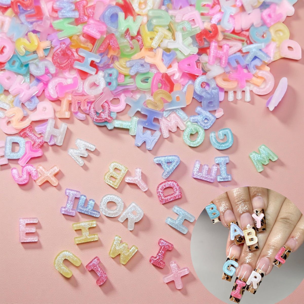 Quezadyl letras arte de uñas 3D acrílicas coloridas para decoraciones duraderas