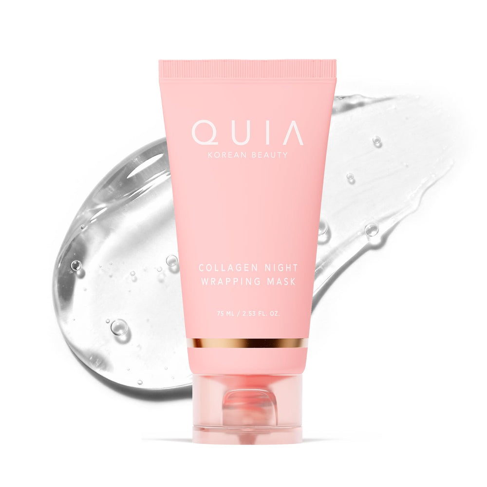 QUIA Collagen Wrapping Mask bottle demonstrates the premium formula for deep ingredient delivery.