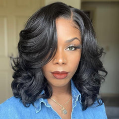 Quickwig short body wave wig side-part closeup showing natural texture and everyday styling potential.