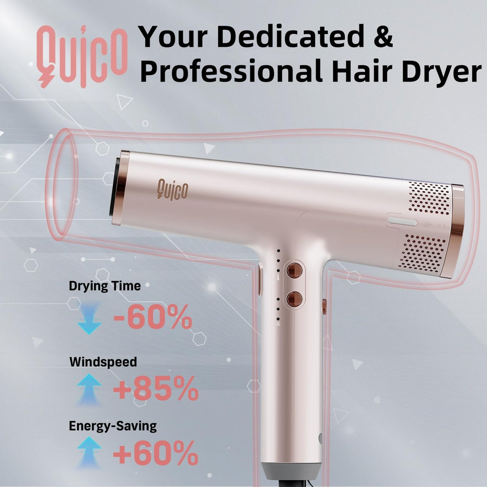 QUICO ionic diffuser attachment illustrating 2 billion ions for frizz control.