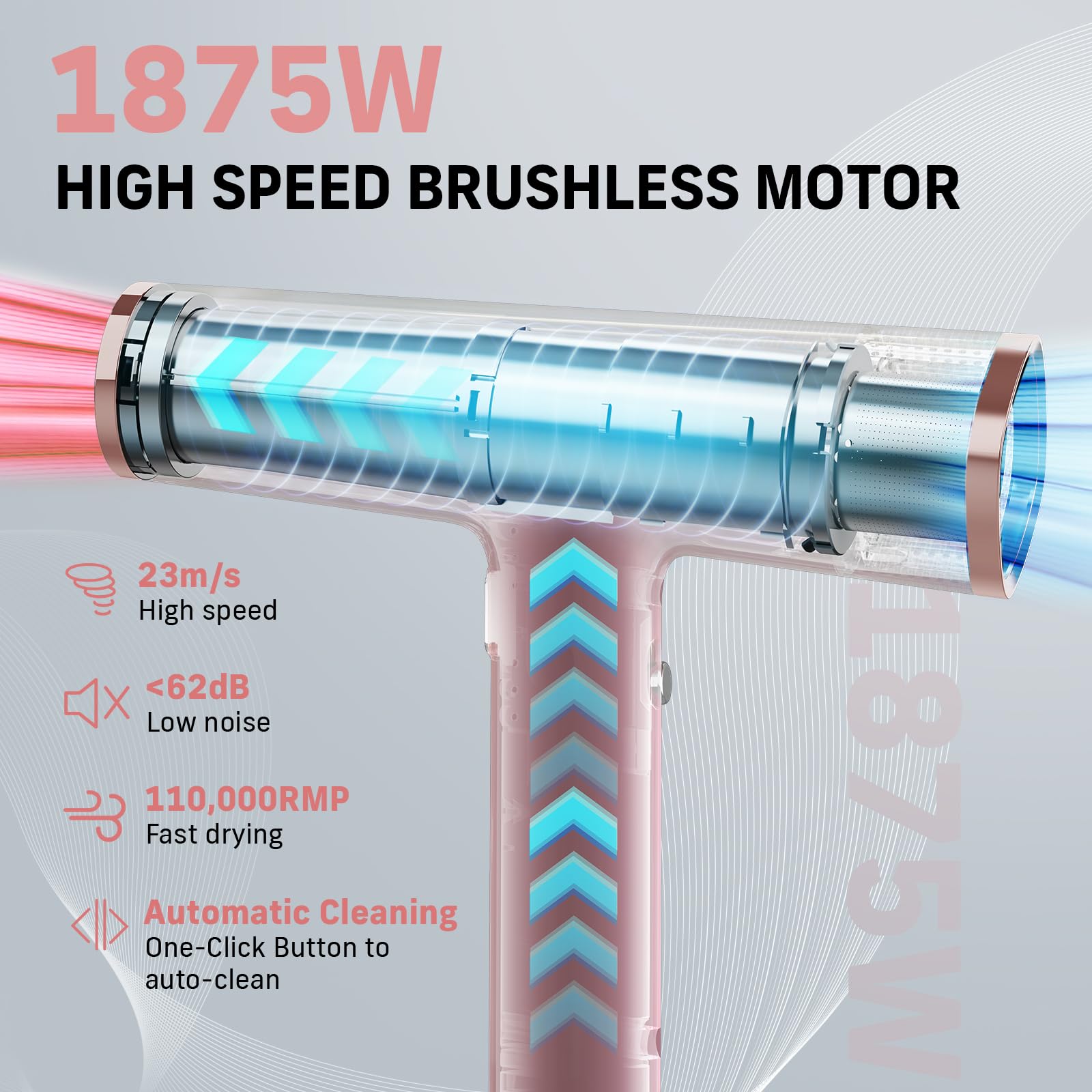 QUICO hair dryer motor close-up showing BLDC performance and fast airflow.