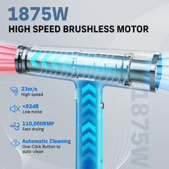 Quico Hair Dryer motor closeup highlights high-speed 110000 RPM for quick styling.