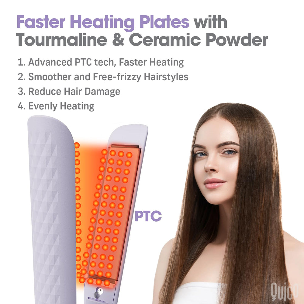 Quico hair straightener displays temperature range 320F–450F for versatile looks