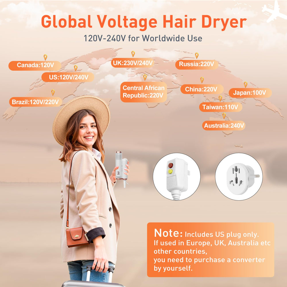 QUICO travel hair dryer folded-handle demonstrates compact, travel-ready portability