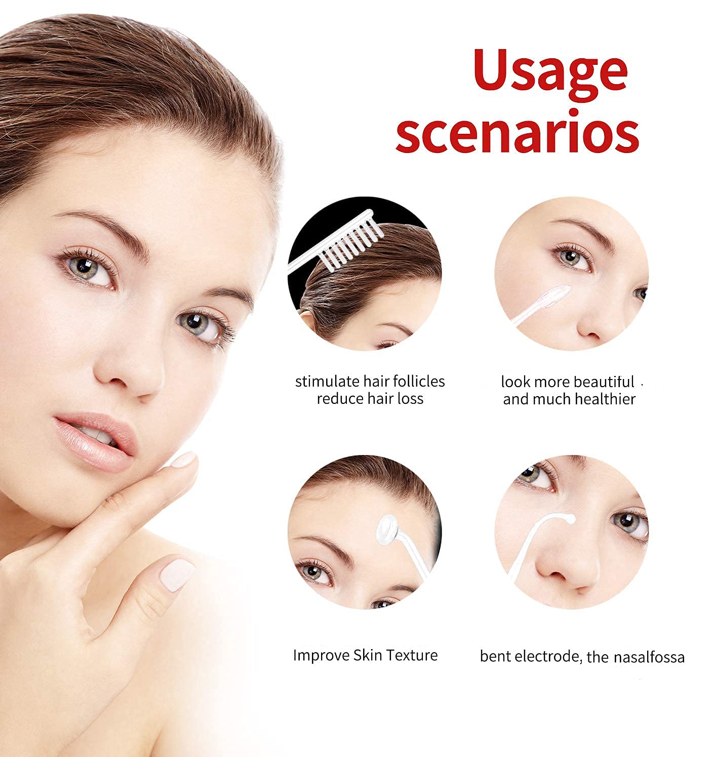 Quiet&Far high-frequency wand argon parts closeup demonstrates versatile facial treatment options.