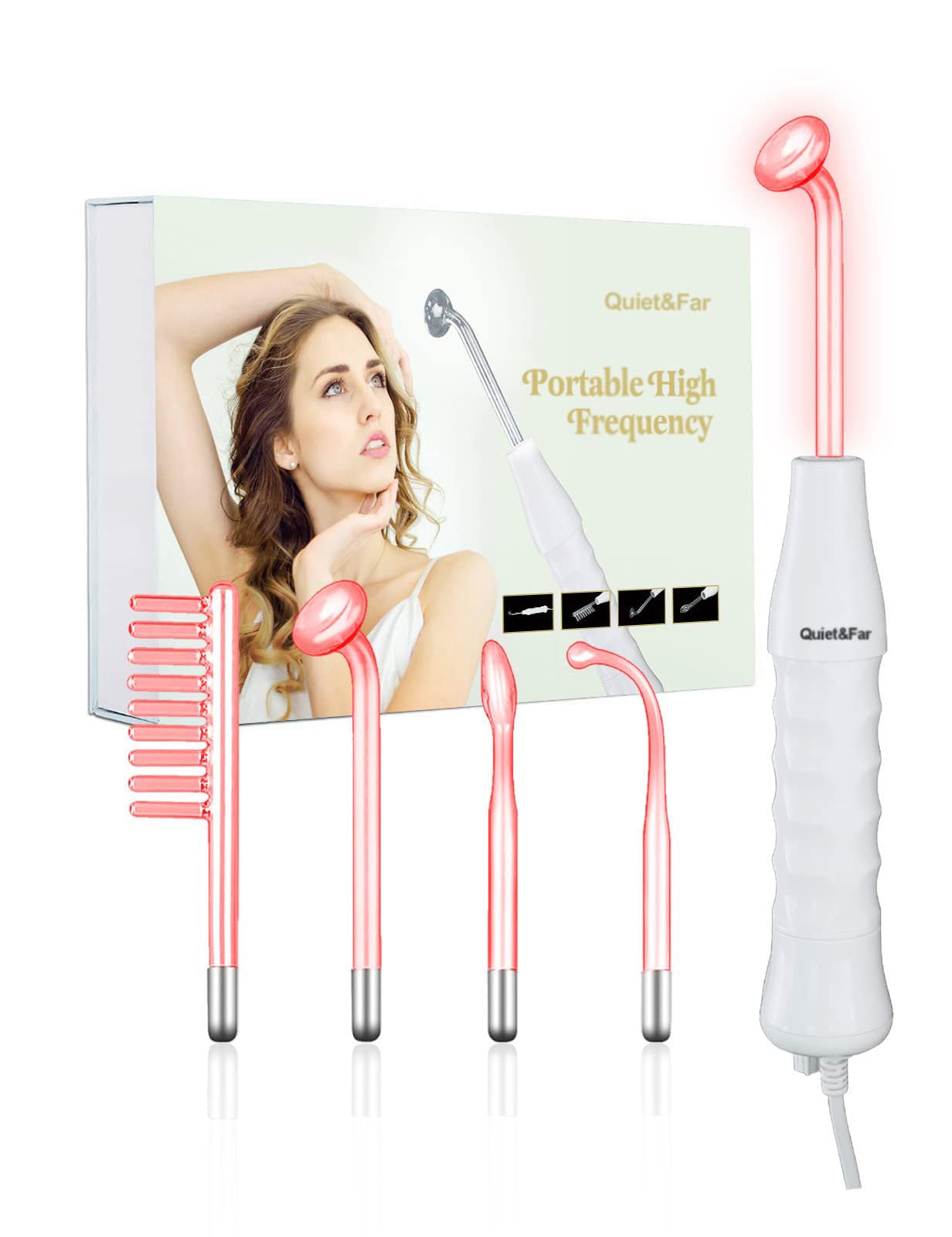 Quiet&Far high-frequency facial wand front view for at-home anti-aging routines.