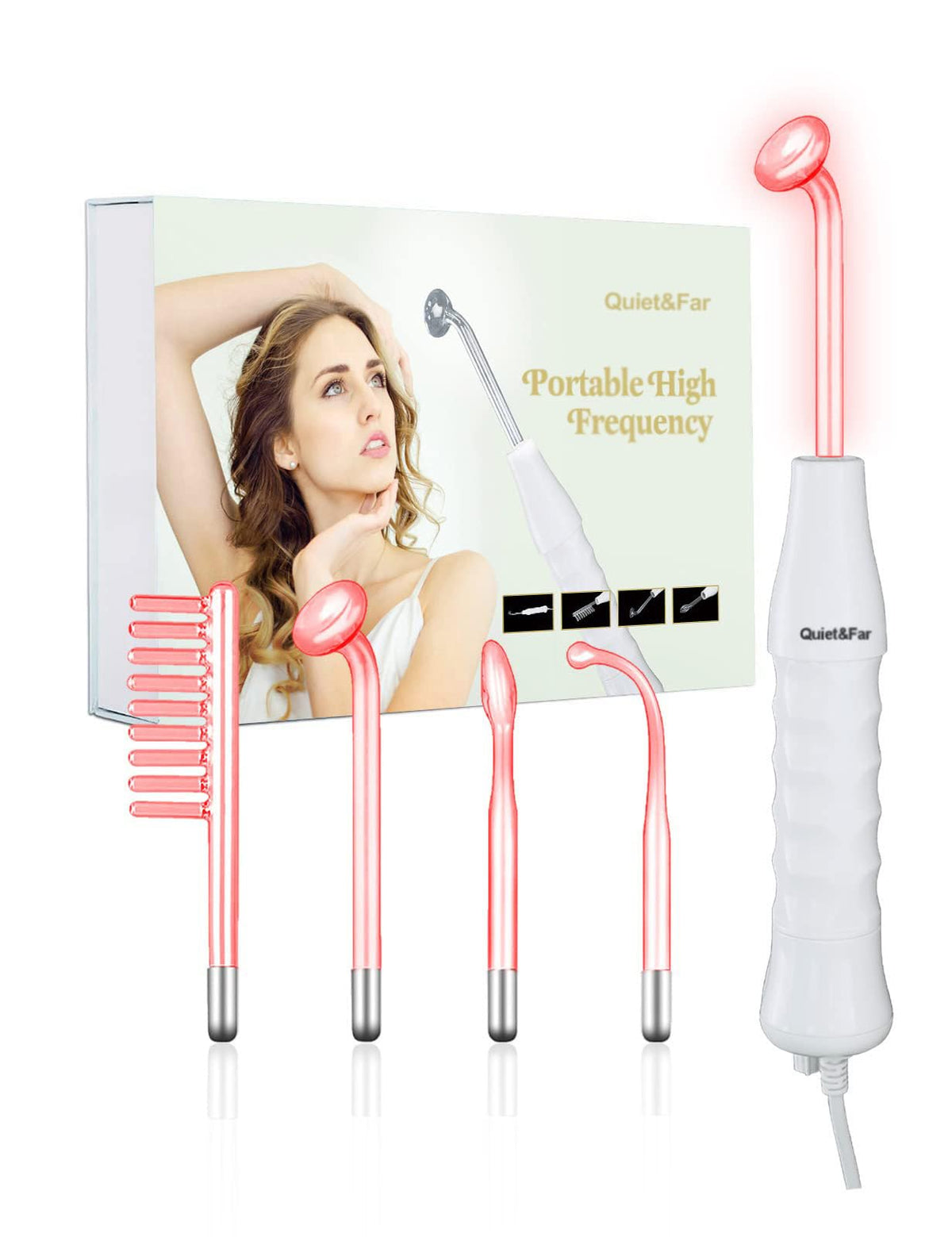 Quiet&Far high-frequency facial wand front view for at-home anti-aging routines.