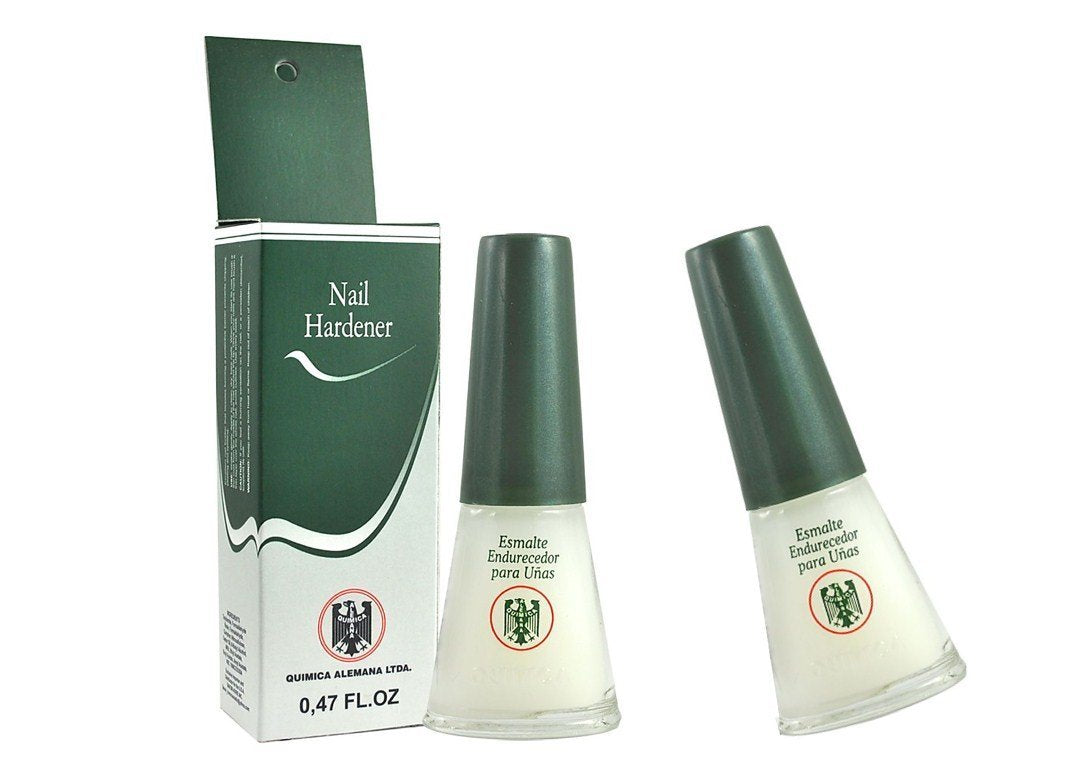 Química Alemana Nail Hardener bottle demonstrates protective barrier for stronger nails