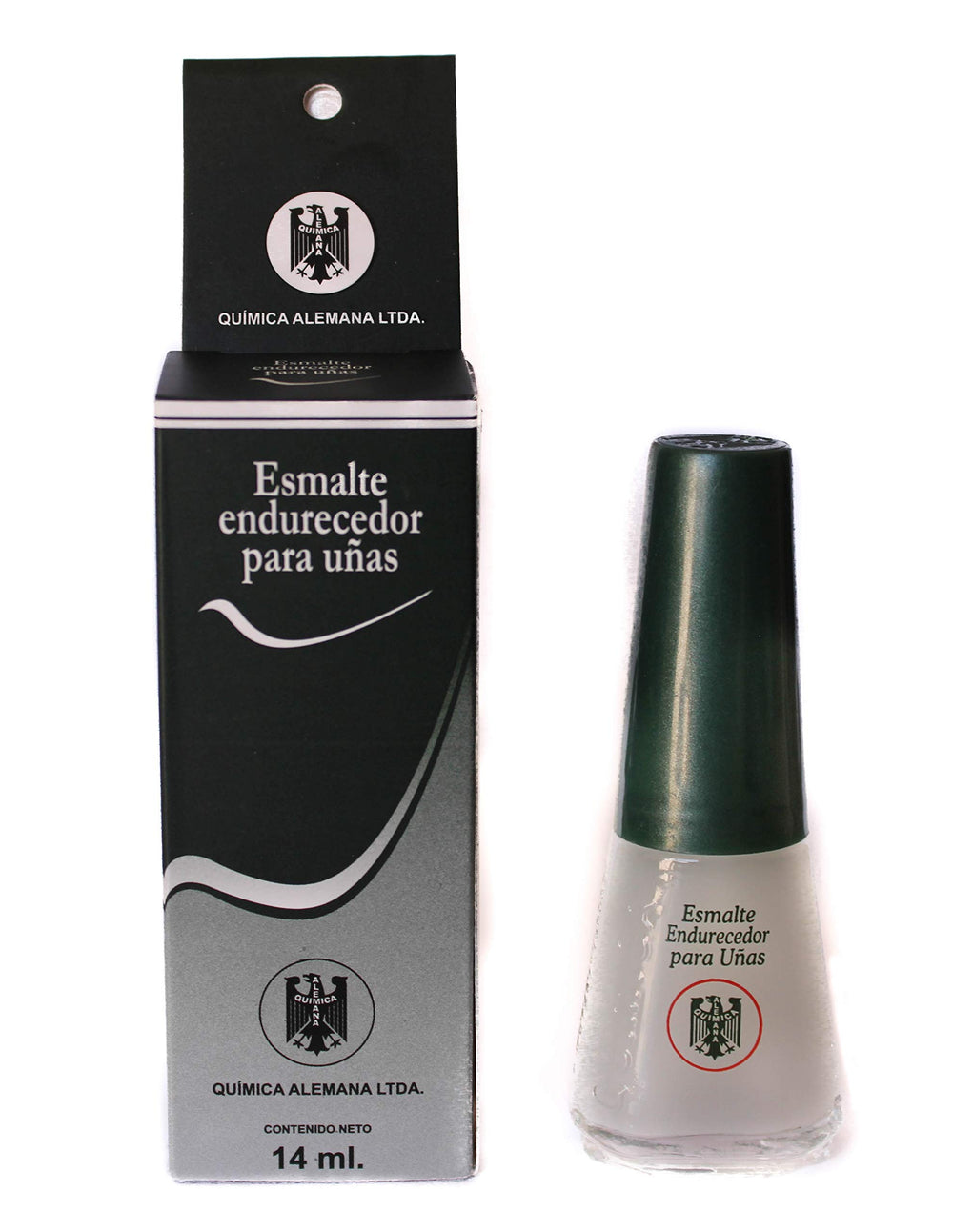Duo packaging shows easy storage and portability of Química Alemana Nail Hardener