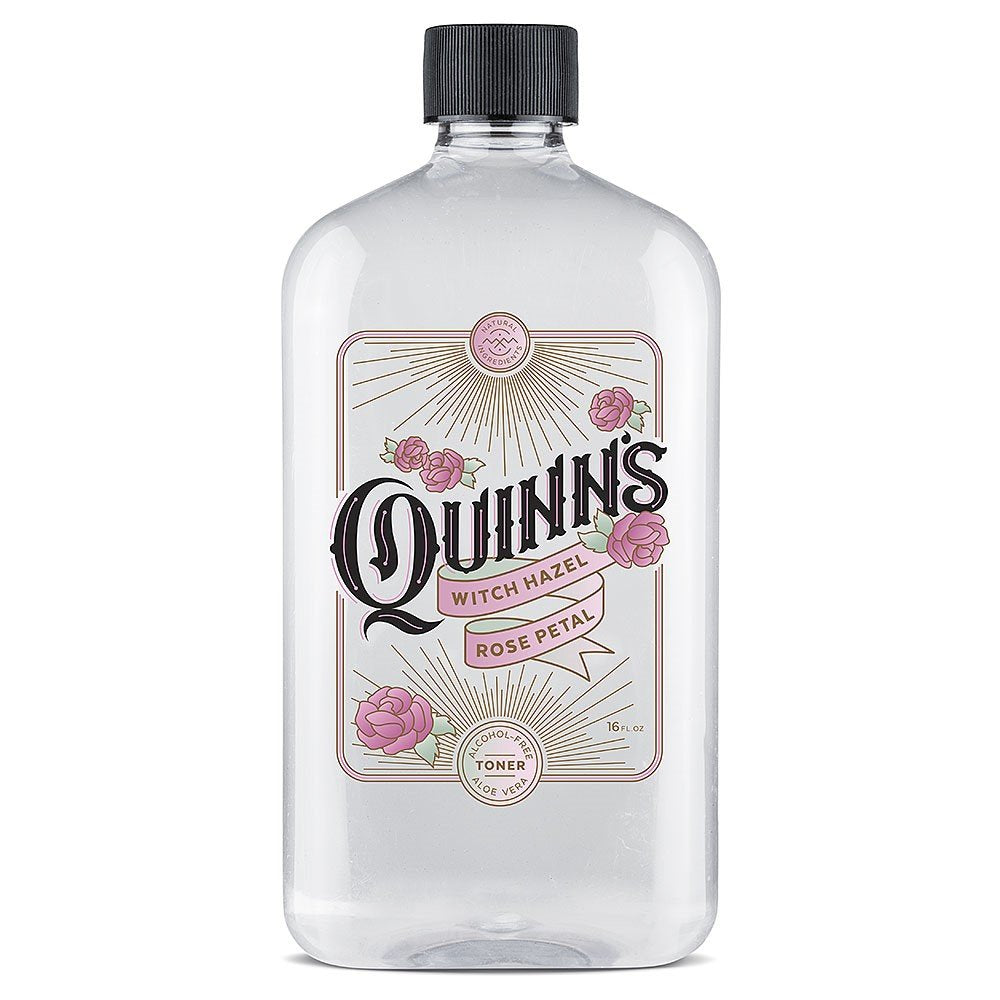 Quinn's Alcohol Free Witch Hazel bottle on vanity with rose scent for gentle cleansing.