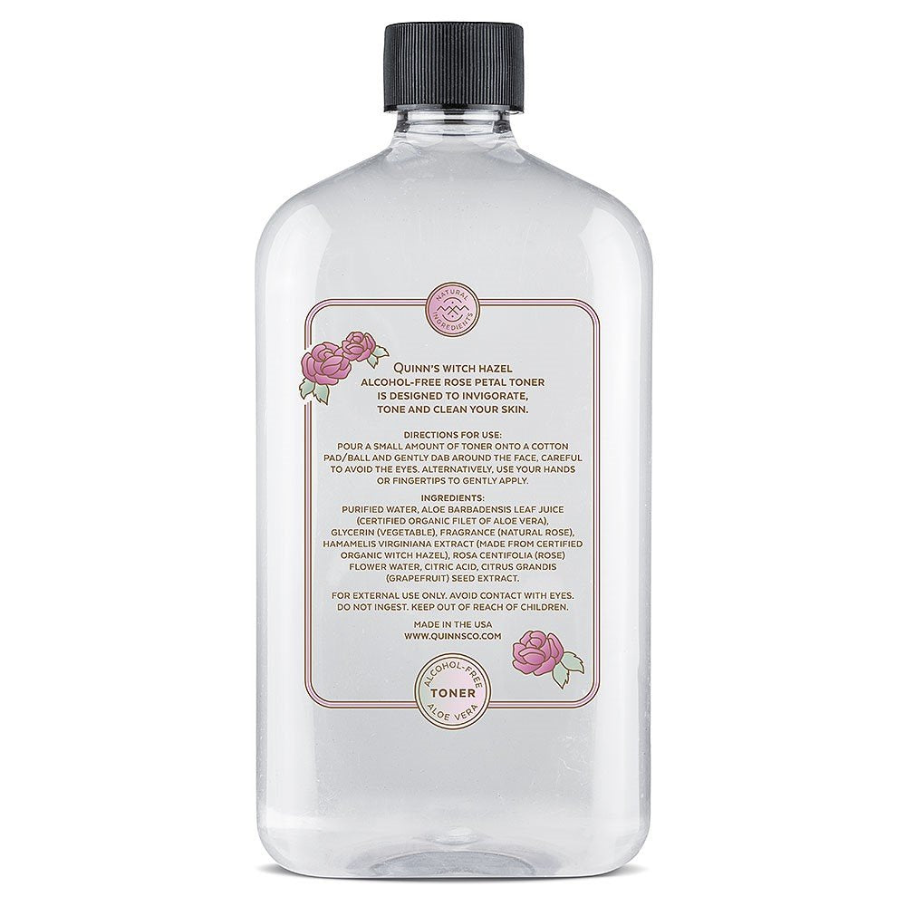 Quinn's Witch Hazel on bathroom counter shows gentle skincare routine.