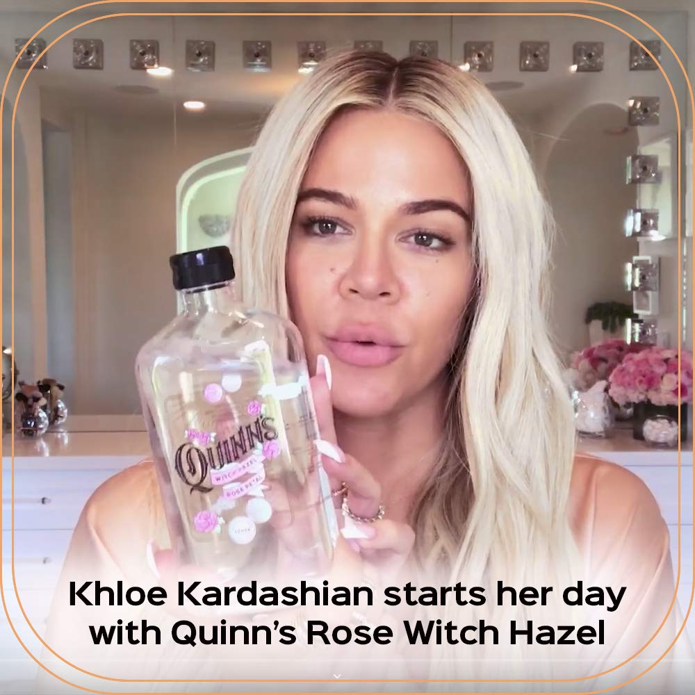 Quinn's Witch Hazel rose fragrance bottle highlights soothing rose aroma during skincare.