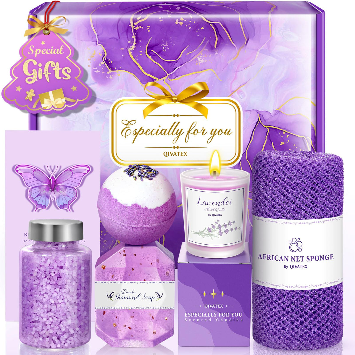Qivatex bath gift set packaging showcases premium, gift-ready presentation for birthdays or holidays.
