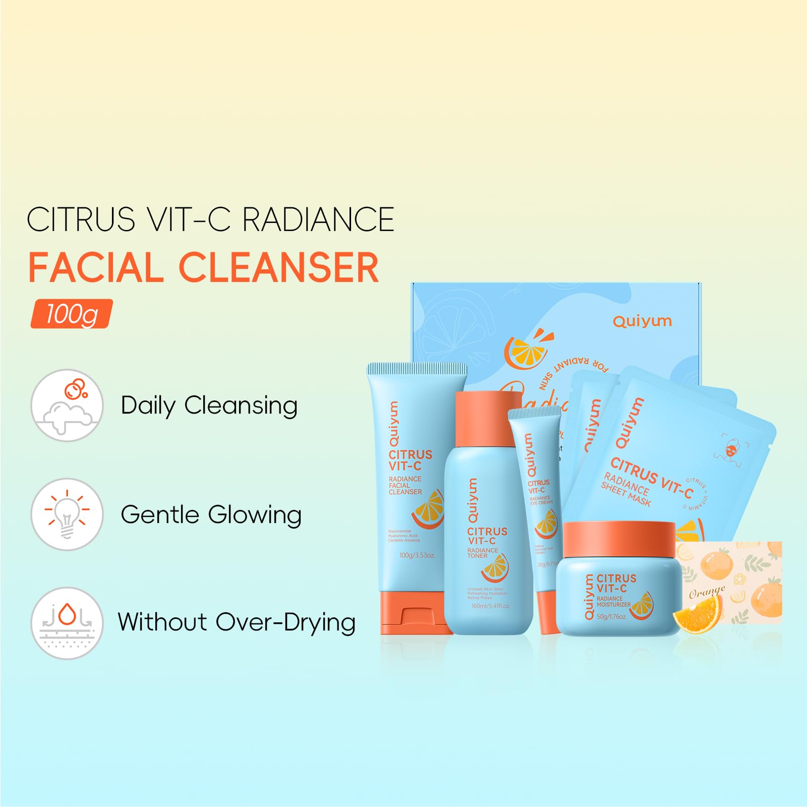 QUIYUM Citrus VC Face Masks two-pack—revitalizing treatment for a fresh, balanced complexion.