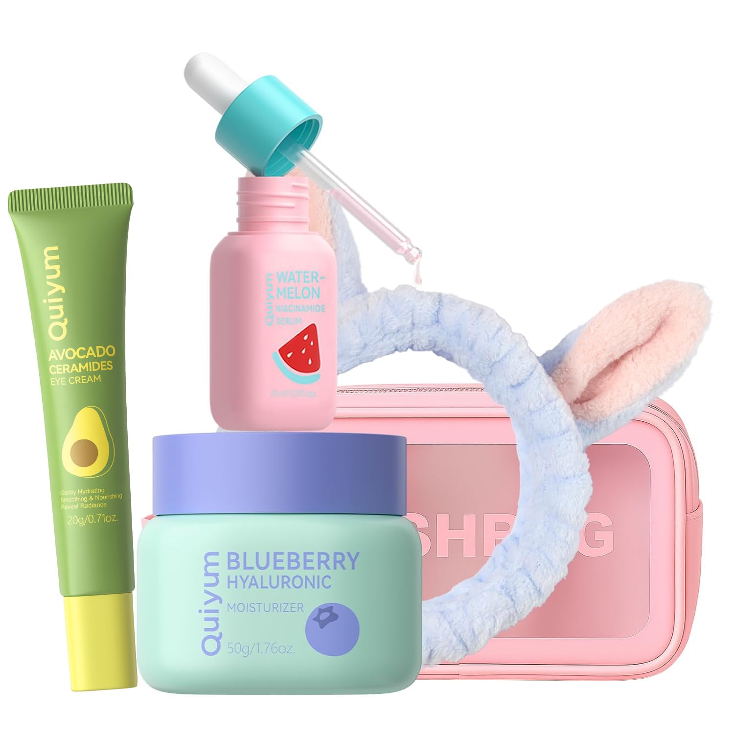 QUIYUM Skin Care Set serum bottle shows hydration for daily use