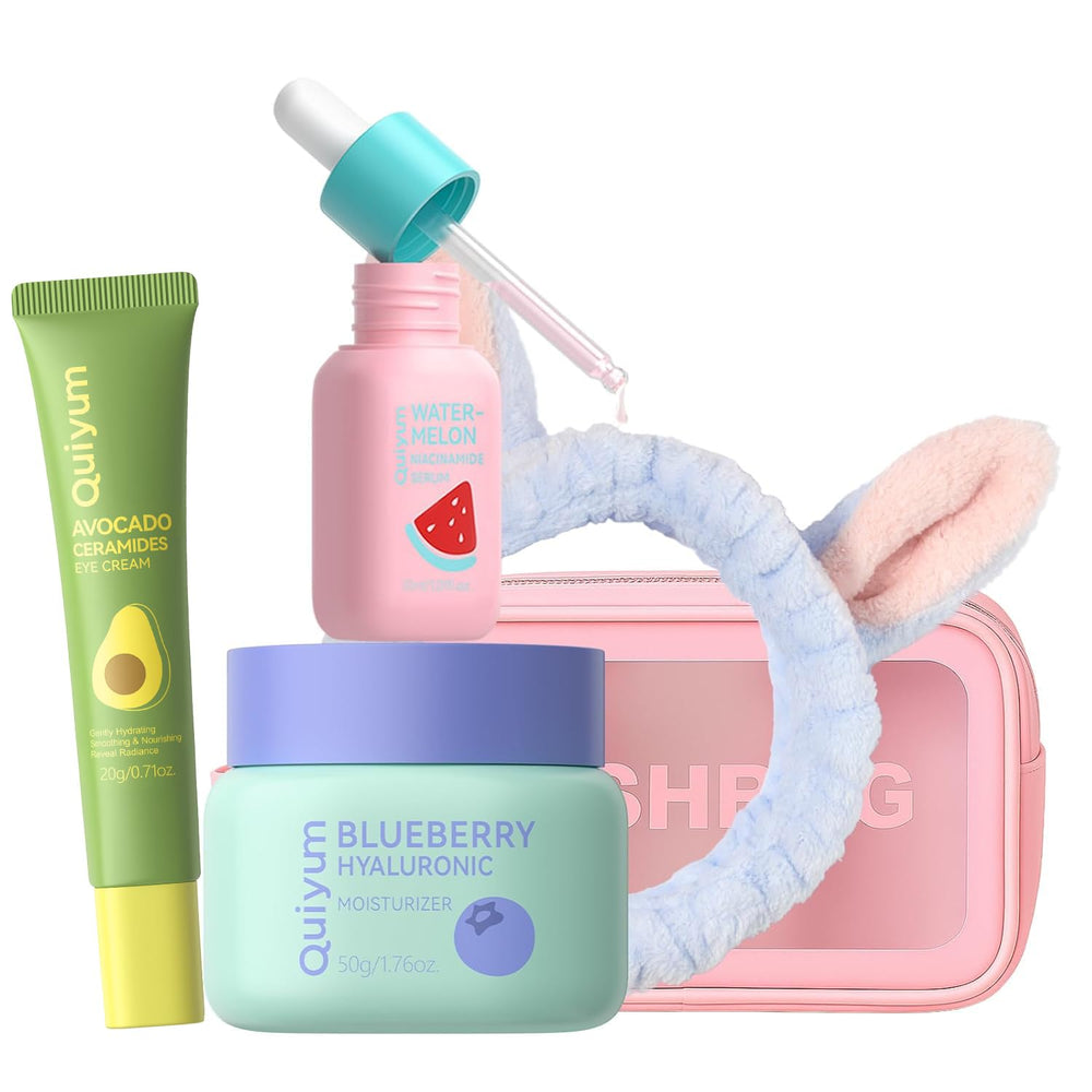 QUIYUM Skin Care Set serum bottle shows hydration for daily use
