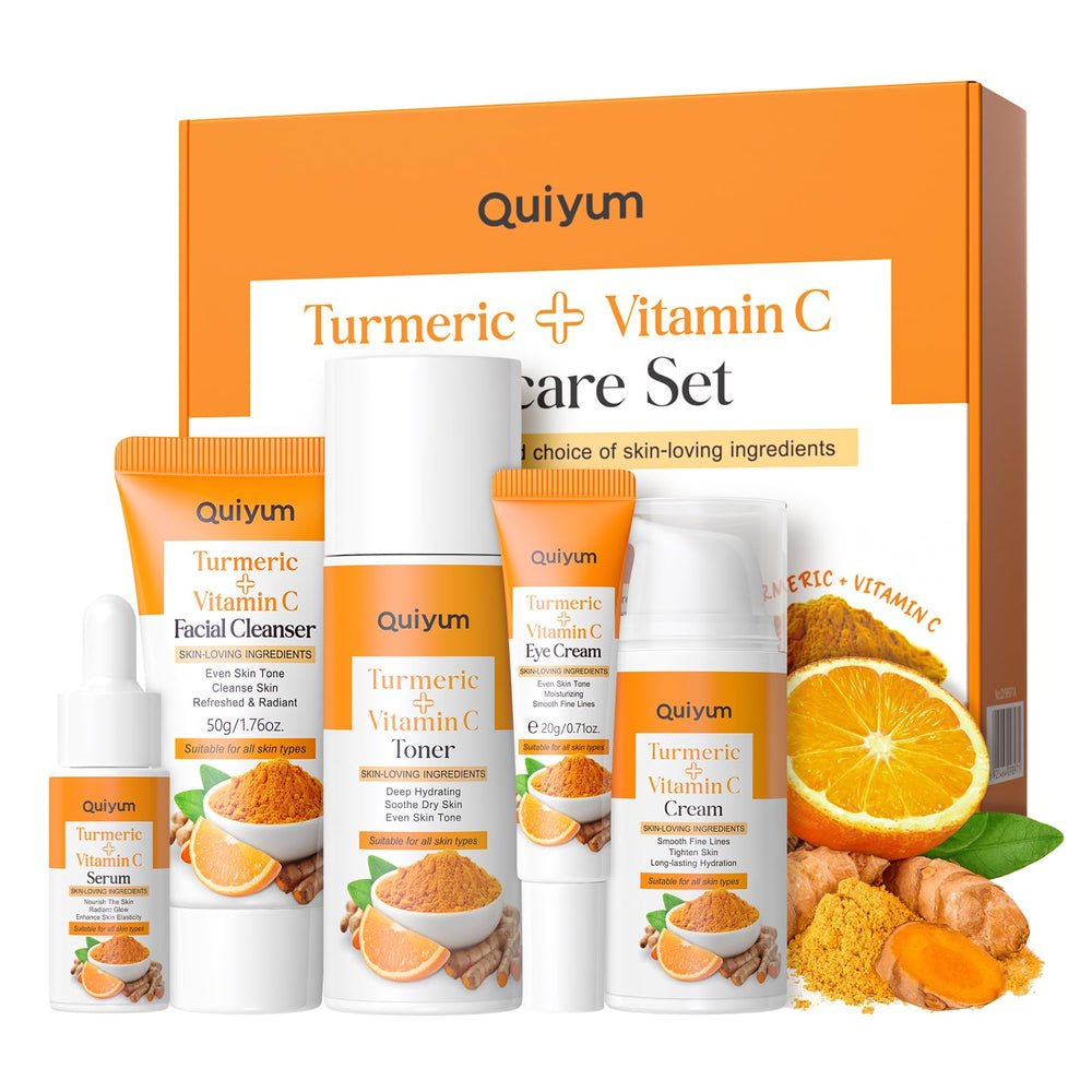 QUIYUM Turmeric Vitamin C Set packaging display showing complete facial care routine for skin health