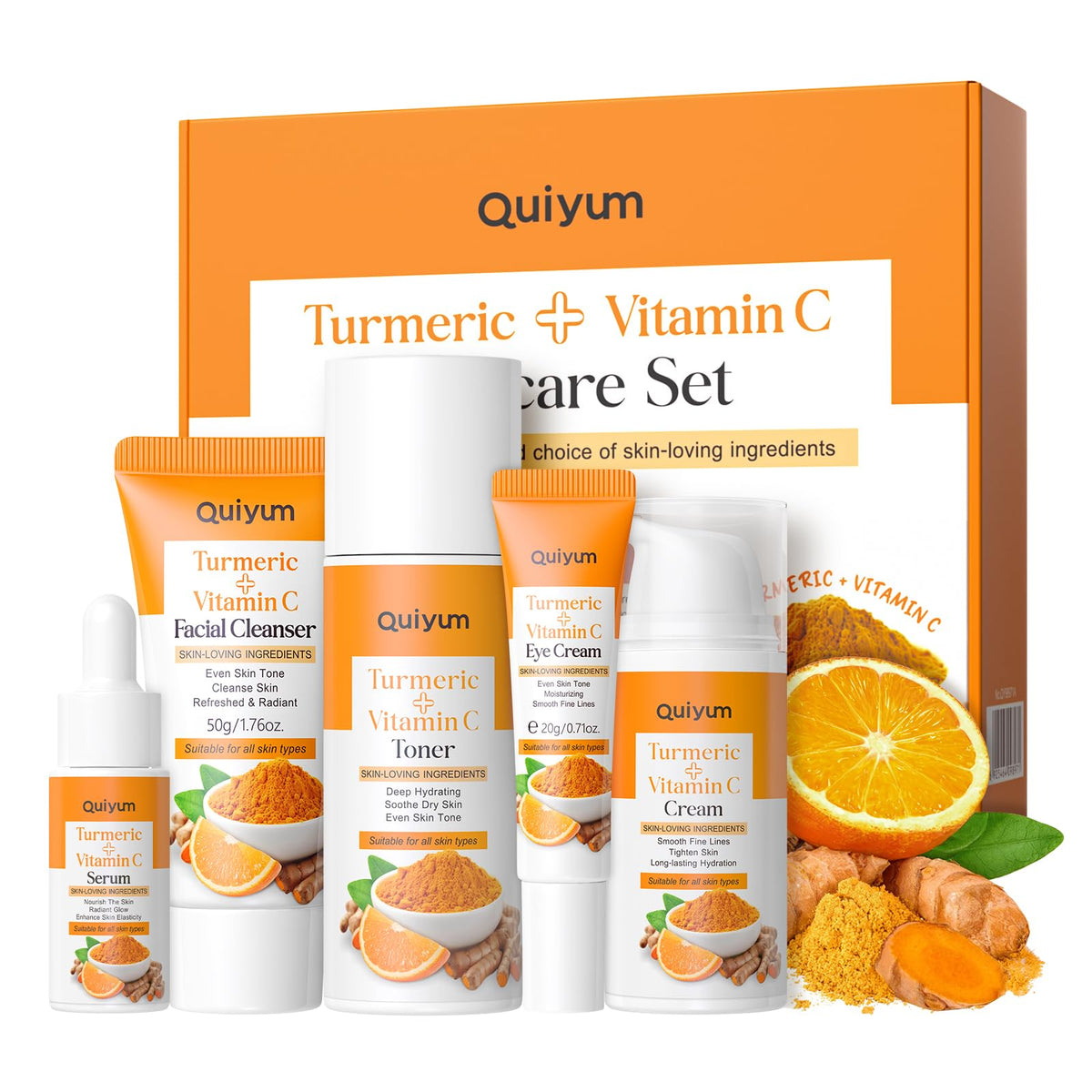 QUIYUM Turmeric Vitamin C Set packaging display showing complete facial care routine for skin health