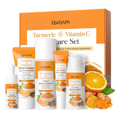 QUIYUM Turmeric Vitamin C Set packaging display showing complete facial care routine for skin health