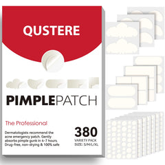 QUSTERE pimple patches pack close-up showing absorption and clear design for discreet wear