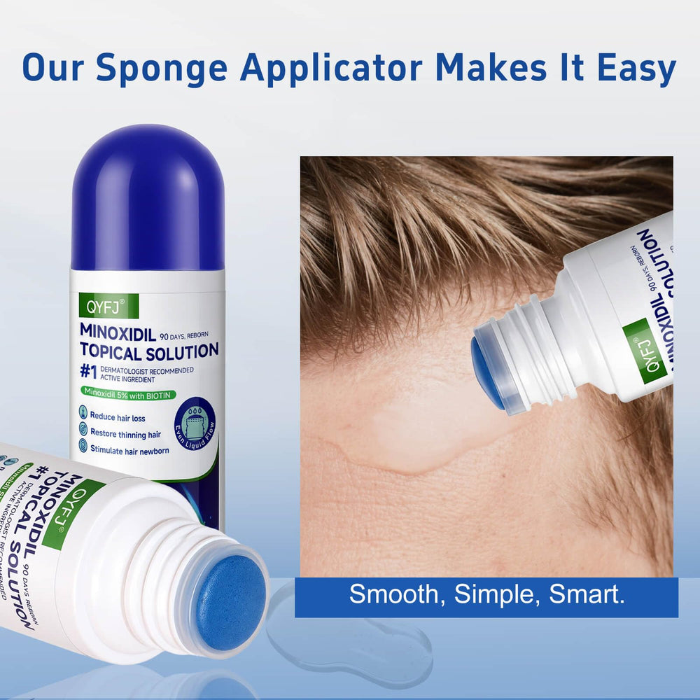 QYFJ unscented minoxidil liquid photographed with quick absorption and clean scalp feel.