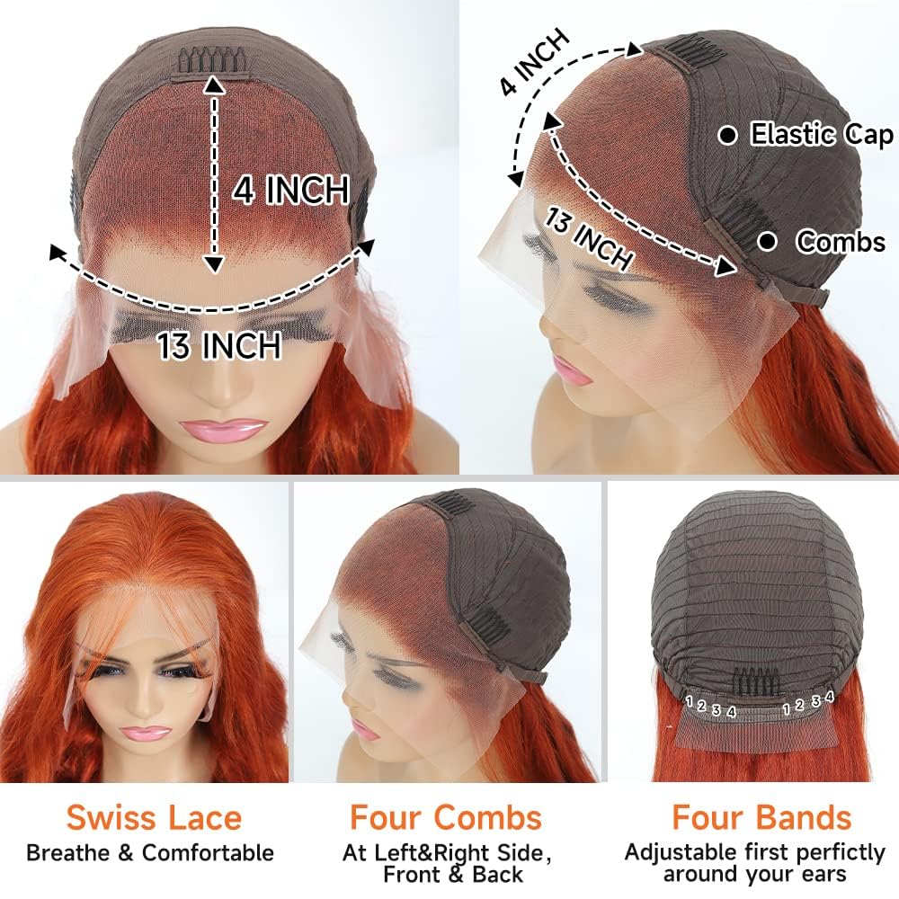 QZOQZO Ginger orange human hair wig 13x6 transparent lace for breathable comfort.