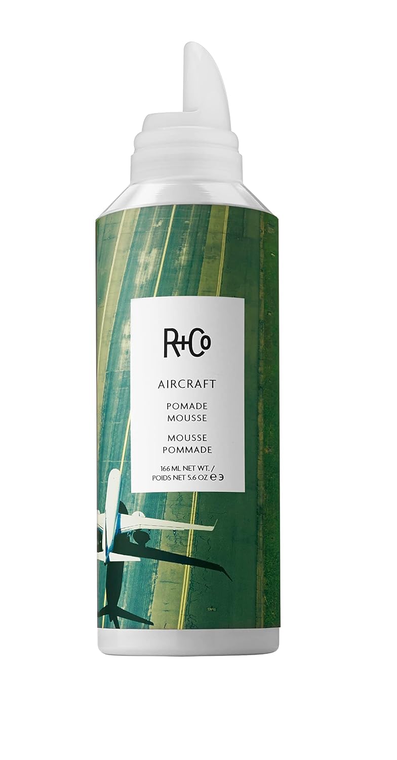 R+Co AIRCRAFT Pomade Mousse bottle shows lightweight hold for effortless second-day texture.