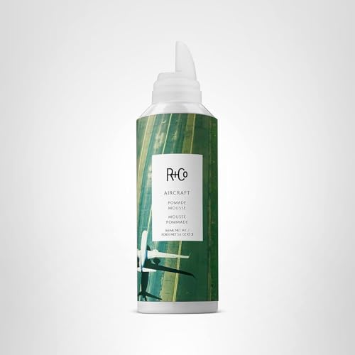 R+Co AIRCRAFT Pomade Mousse packaging close-up highlighting vegan formula.