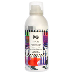 R+Co ANALOG cleansing foam bottle pour demonstrates weightless conditioning and frizz control
