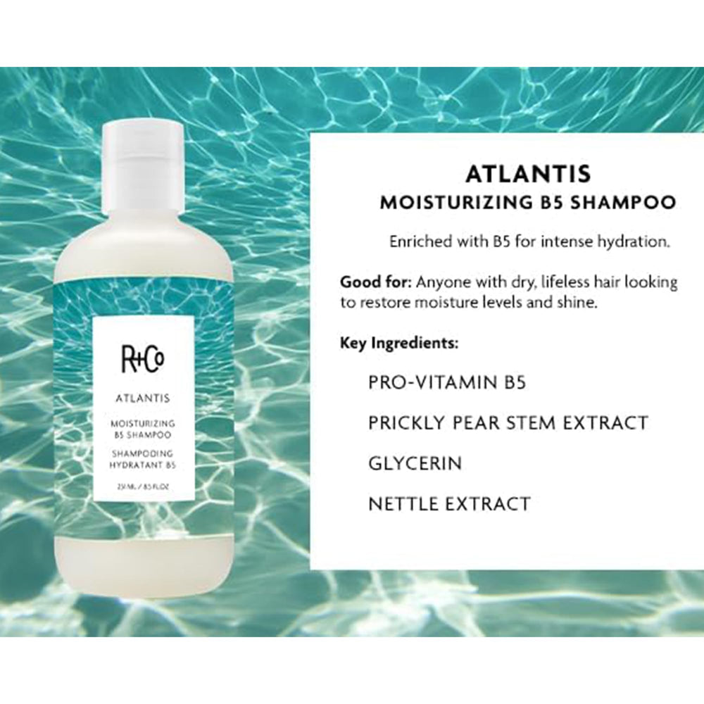 R+Co ATLANTIS shampoo lather close-up highlighting rich hydration.