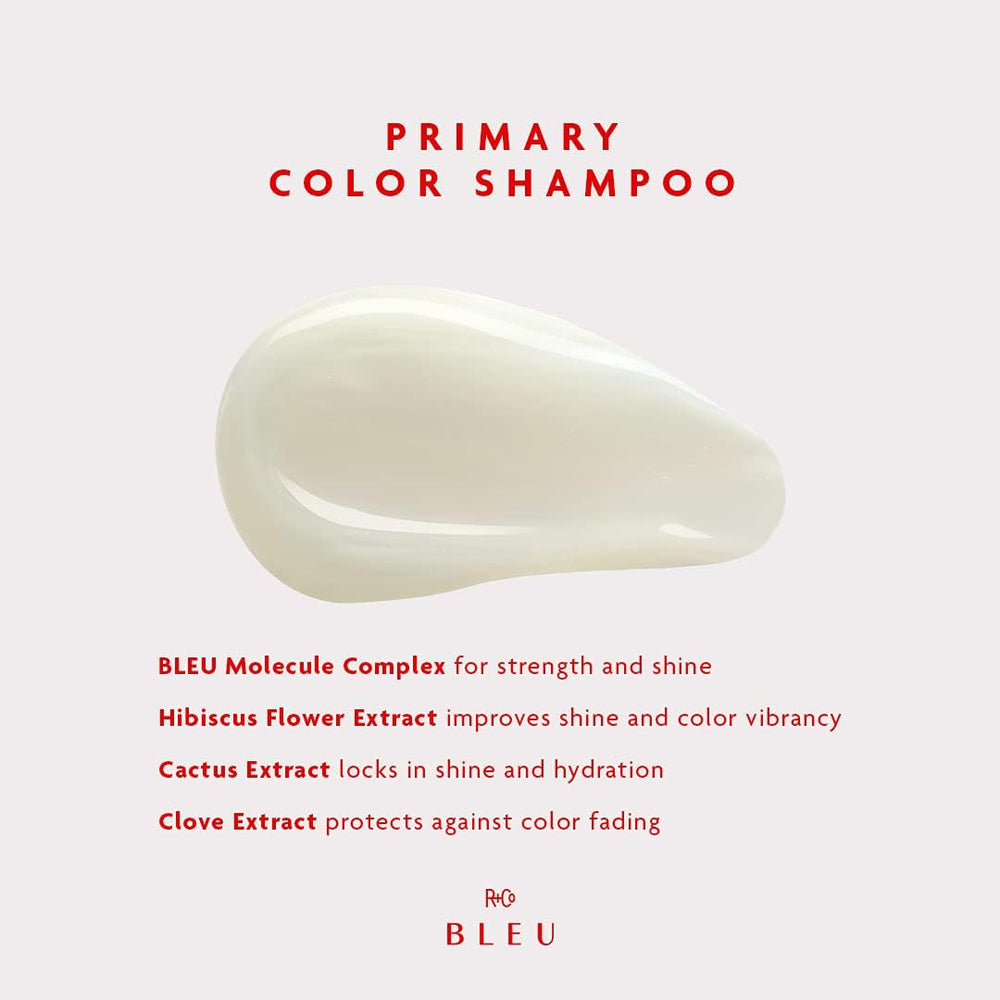 R+Co BLEU shampoo cuticle seal close-up showing smooth, protected hair.