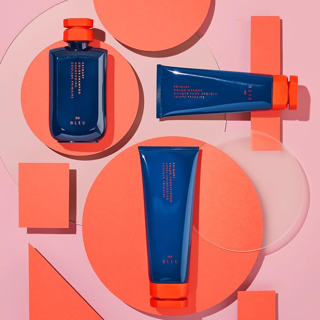 R+Co BLEU shampoo hibiscus extract boosts shine and color vibrancy.